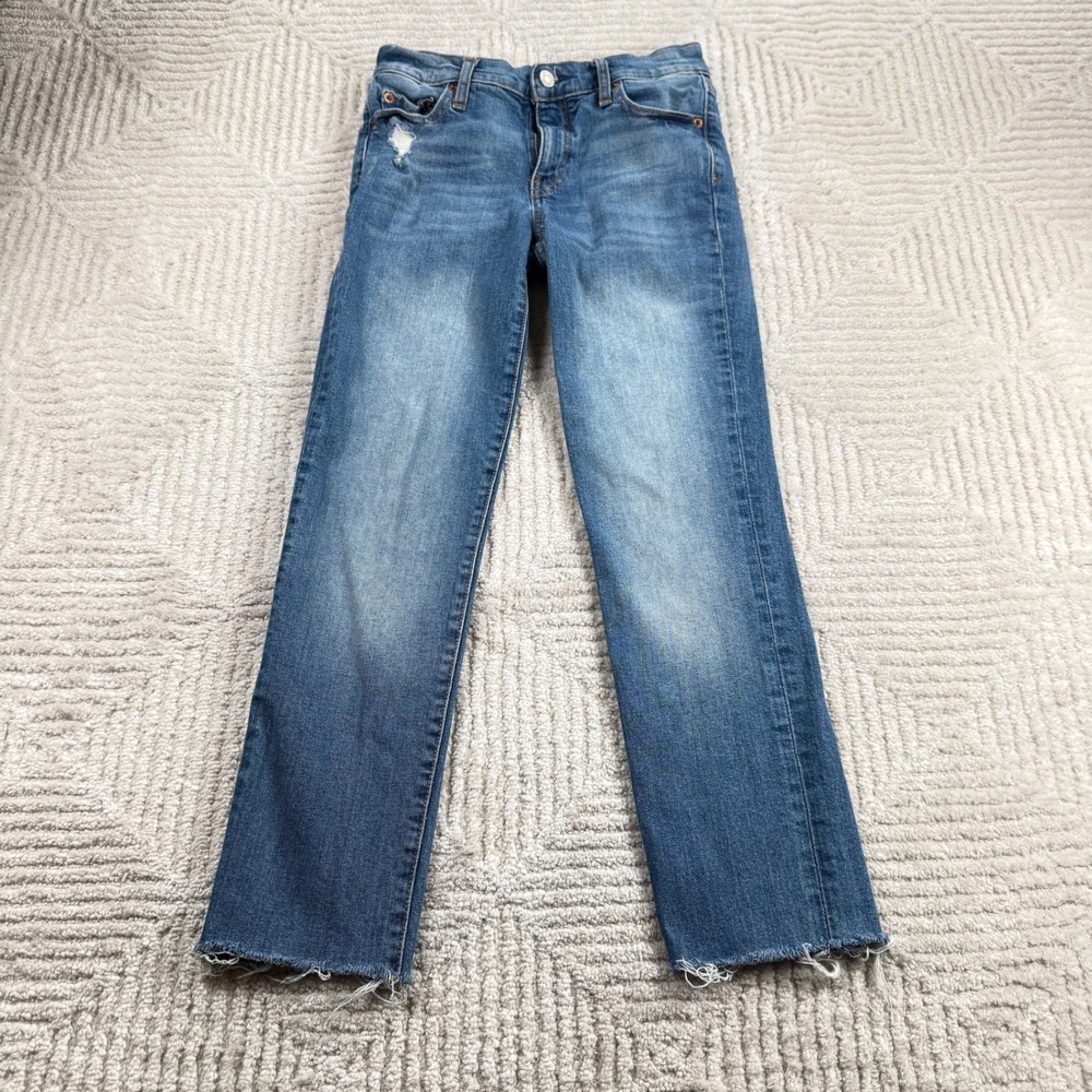 Gap Real Straight Jeans Women's 25S Blue Mid Rise Raw Hem Denim Distressed